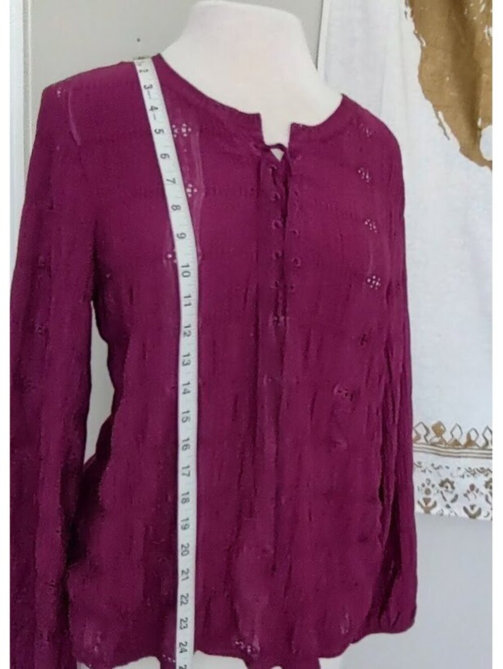 Frye and Co. Women's Long Sleeve 1/4 Lace-Up Textured Blouse L Boho Cottagecore